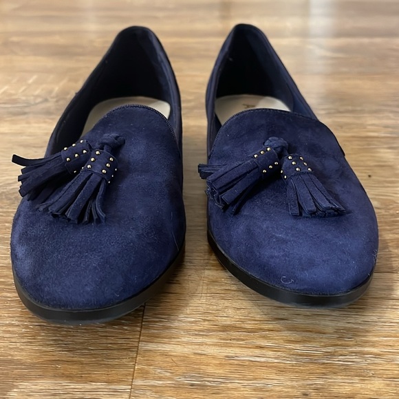 Anne Klein Navy Loafer Tassel Smoking Flat Shoe Sz 7M Iflex Like New Suede - Picture 5 of 9